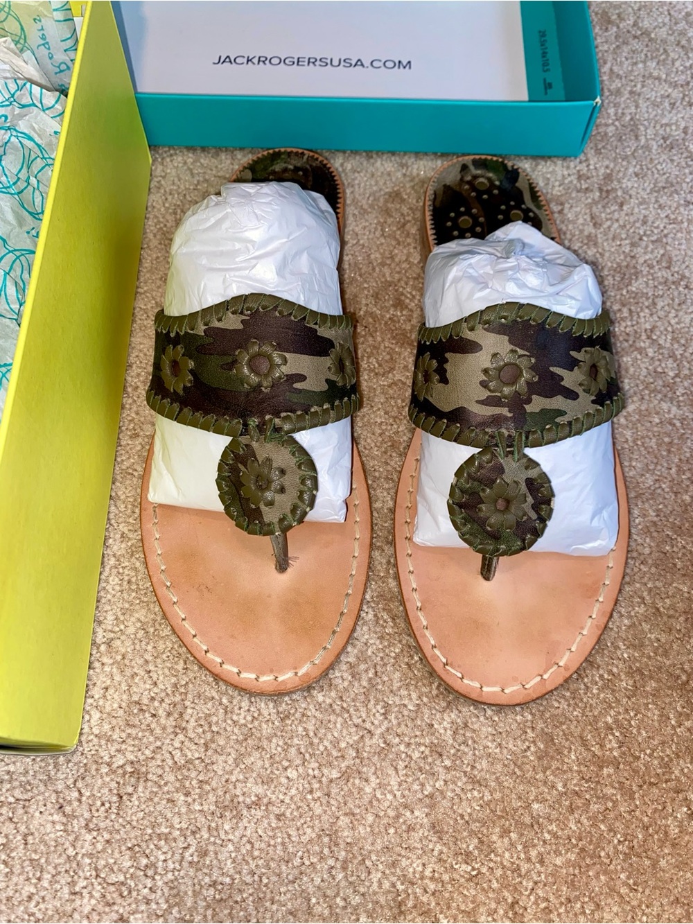 Jack Rogers | Jacks Camo Leather Sandals | Green/Green | Size 8